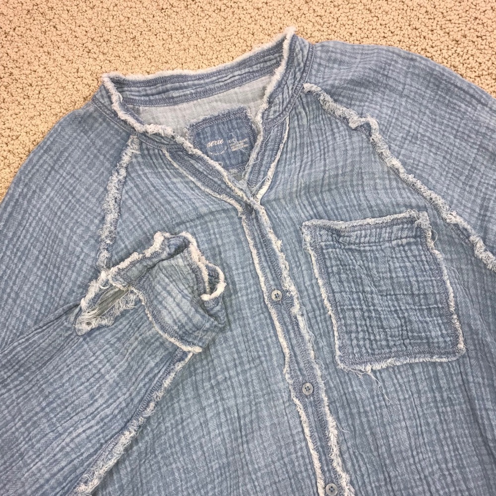 Aerie Blue Gauze Button Down Shirt Frayed Raw Edge Cotton Boho Top Small